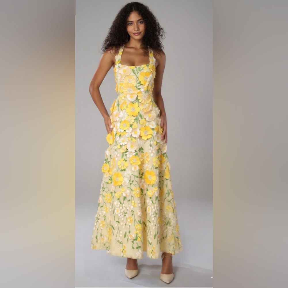 AW Bridal: 3D Yellow Floral Dress with halter style size 16, worn once. - Picture 2 of 6